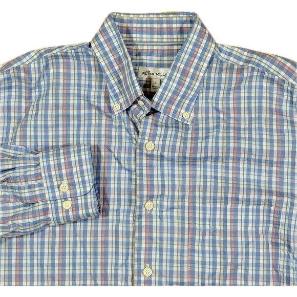 Peter Millar Mens L Light Blue Pink Cream Plaid Button-Down Shirt Casual Classic - Picture 1 of 10